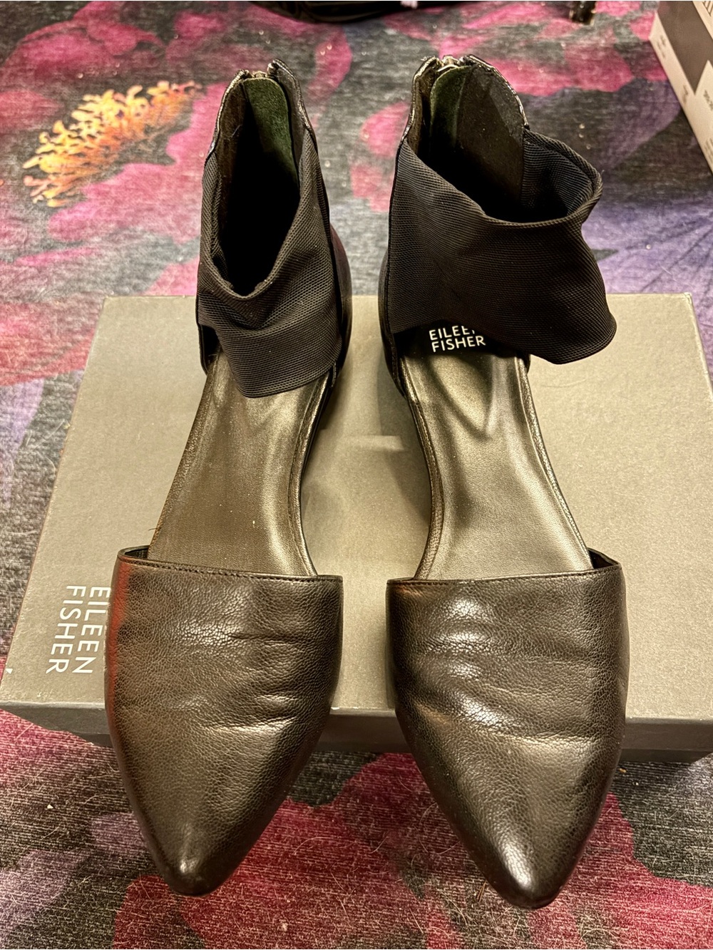 Eileen Fisher Black Pointed Toe Ankle-Cuff Flats